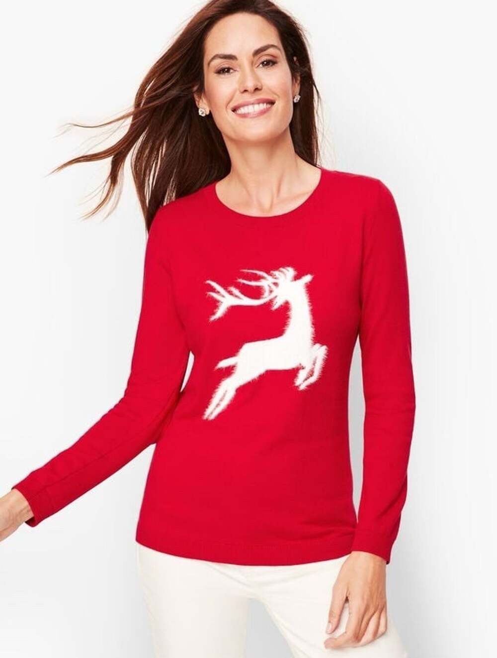 Talbots Reindeer Sweater Red White Womens XS Cashmere Blend Pullover Christmas